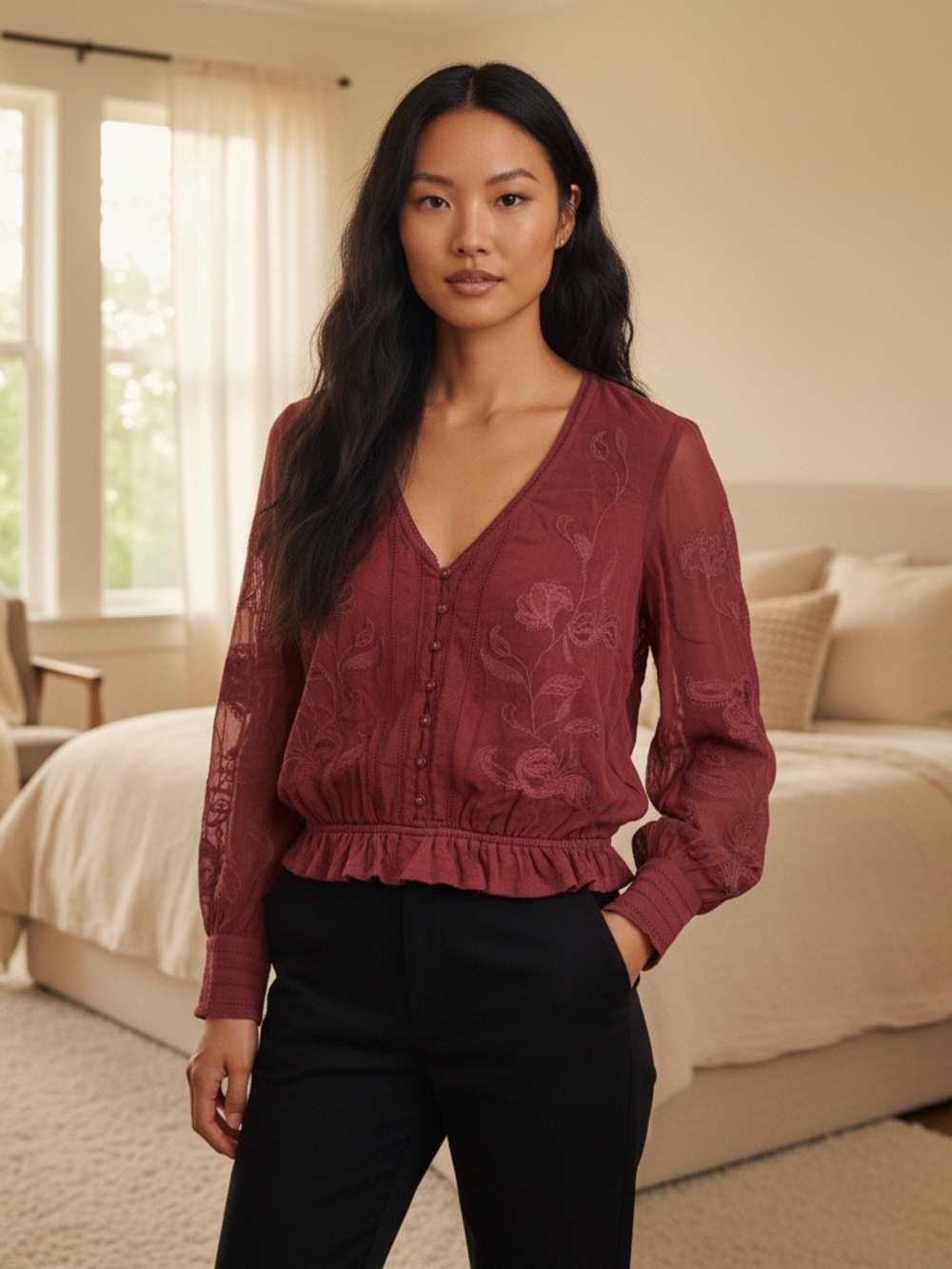 Anthropologie Burgundy V‑Neck Floral Embroidered Peplum Blouse
